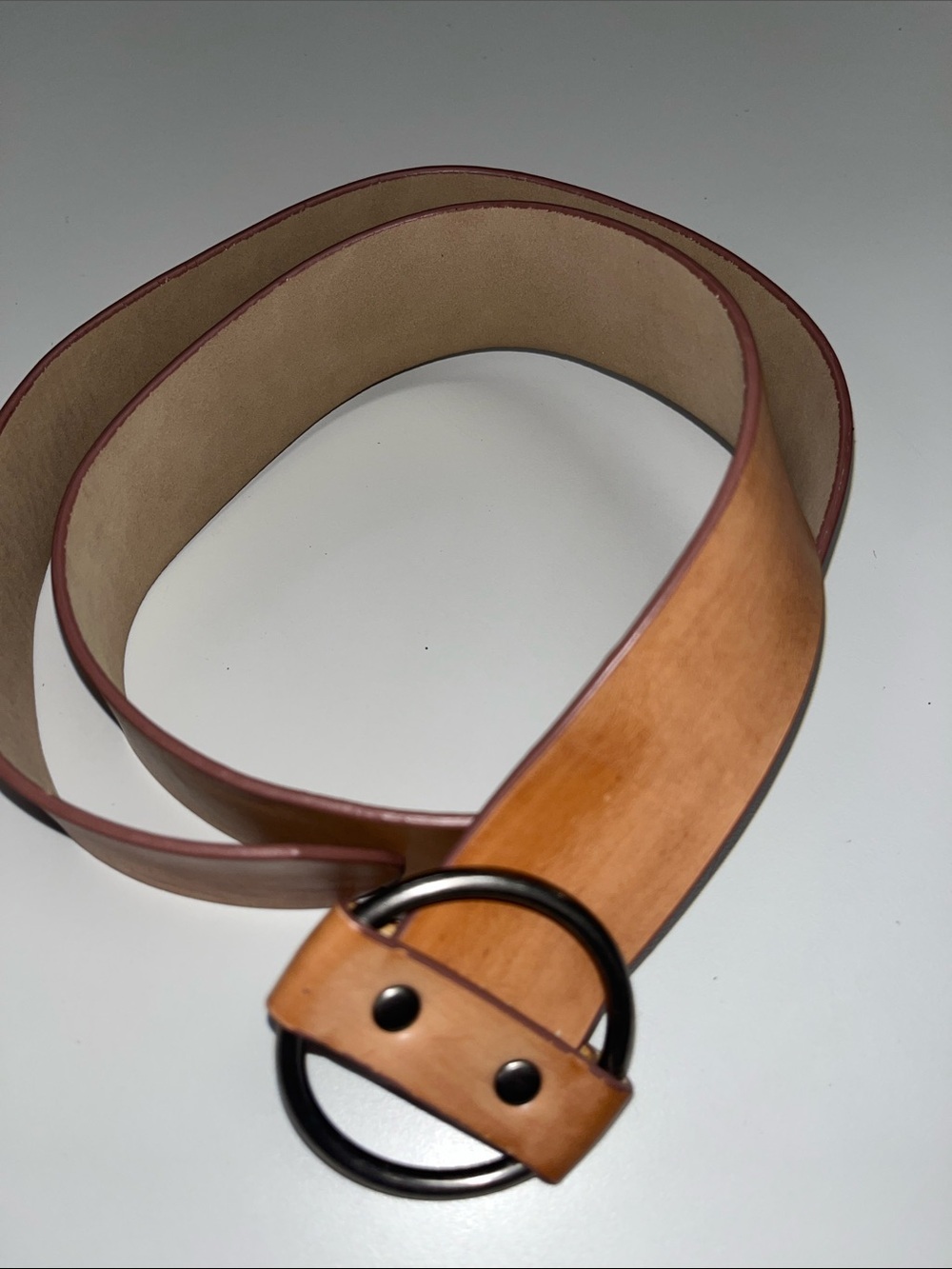 Source Unknown Light Brown Leather Belt w/ silver tone Ring Buckle